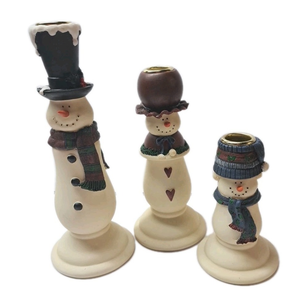 Snowman Trio Taper Candle Holders Set of 3 Snow Family Holiday Winter Decor